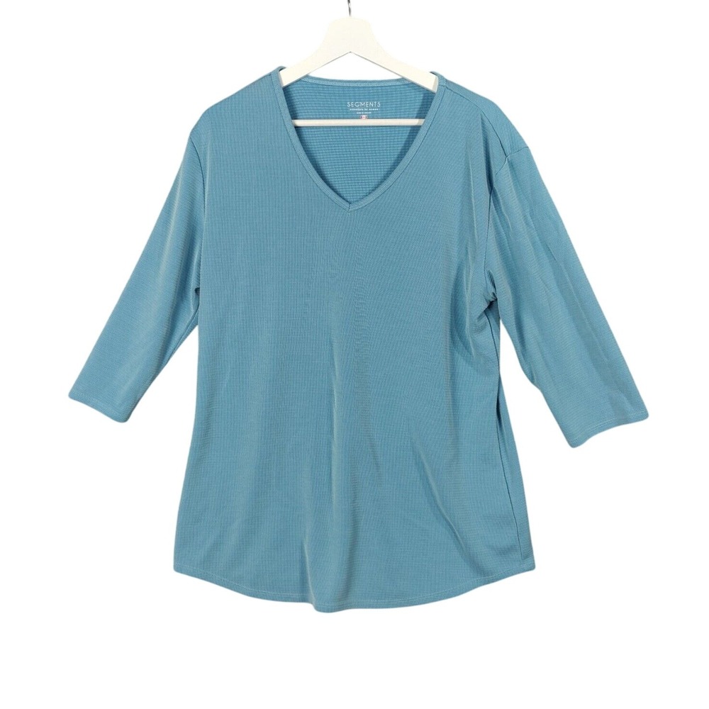 Segments Ribbed Knit‎ V-Neck Top 3/4 Sleeve Tencel Stretchy Blue Women Size XL